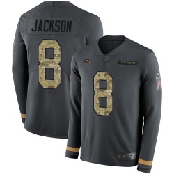 Limited Youth Lamar Jackson Black Jersey - #8 Football Baltimore Ravens Salute to Service Therma Long Sleeve