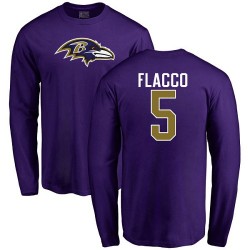 Joe Flacco Purple Name & Number Logo - #5 Football Baltimore Ravens Long Sleeve T-Shirt