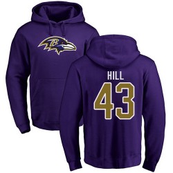 Justice Hill Purple Name & Number Logo - #43 Football Baltimore Ravens Pullover Hoodie