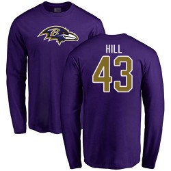 Justice Hill Purple Name & Number Logo - #43 Football Baltimore Ravens Long Sleeve T-Shirt