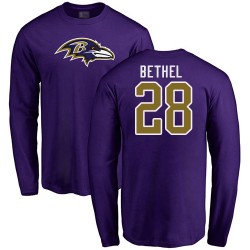 Justin Bethel Purple Name & Number Logo - #28 Football Baltimore Ravens Long Sleeve T-Shirt