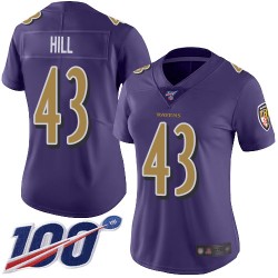 Limited Women's Justice Hill Purple Jersey - #43 Football Baltimore Ravens 100th Season Rush Vapor Untouchable