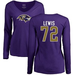 Women's Alex Lewis Purple Name & Number Logo - #72 Football Baltimore Ravens Long Sleeve T-Shirt