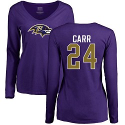 Women's Brandon Carr Purple Name & Number Logo - #24 Football Baltimore Ravens Long Sleeve T-Shirt