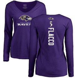 Women's Joe Flacco Purple Backer - #5 Football Baltimore Ravens Long Sleeve T-Shirt