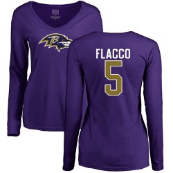 Women's Joe Flacco Purple Name & Number Logo - #5 Football Baltimore Ravens Long Sleeve T-Shirt