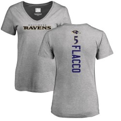 Women's Joe Flacco Ash Backer V-Neck - #5 Football Baltimore Ravens T-Shirt