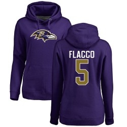 Women's Joe Flacco Purple Name & Number Logo - #5 Football Baltimore Ravens Pullover Hoodie