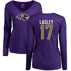 Women's Jordan Lasley Purple Name & Number Logo - #17 Football Baltimore Ravens Long Sleeve T-Shirt