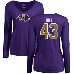 Women's Justice Hill Purple Name & Number Logo - #43 Football Baltimore Ravens Long Sleeve T-Shirt