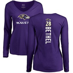 Women's Justin Bethel Purple Backer - #28 Football Baltimore Ravens Long Sleeve T-Shirt