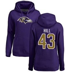 Women's Justice Hill Purple Name & Number Logo - #43 Football Baltimore Ravens Pullover Hoodie