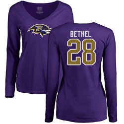 Women's Justin Bethel Purple Name & Number Logo - #28 Football Baltimore Ravens Long Sleeve T-Shirt