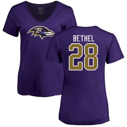 Women's Justin Bethel Purple Name & Number Logo - #28 Football Baltimore Ravens T-Shirt