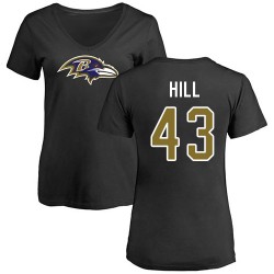 Women's Justice Hill Black Name & Number Logo - #43 Football Baltimore Ravens T-Shirt