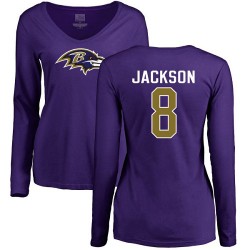 Women's Lamar Jackson Purple Name & Number Logo - #8 Football Baltimore Ravens Long Sleeve T-Shirt