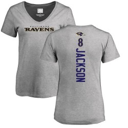 Women's Lamar Jackson Ash Backer V-Neck - #8 Football Baltimore Ravens T-Shirt