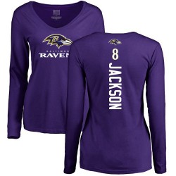 Women's Lamar Jackson Purple Backer - #8 Football Baltimore Ravens Long Sleeve T-Shirt