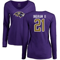 Women's Mark Ingram II Purple Name & Number Logo - #21 Football Baltimore Ravens Long Sleeve T-Shirt