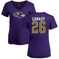 Women's Maurice Canady Purple Name & Number Logo - #26 Football Baltimore Ravens T-Shirt