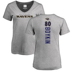 Women's Miles Boykin Ash Backer V-Neck - #80 Football Baltimore Ravens T-Shirt