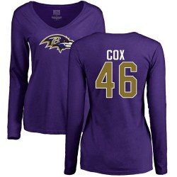 Women's Morgan Cox Purple Name & Number Logo - #46 Football Baltimore Ravens Long Sleeve T-Shirt