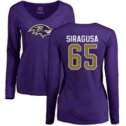 Women's Nico Siragusa Purple Name & Number Logo - #65 Football Baltimore Ravens Long Sleeve T-Shirt