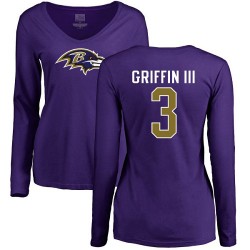 Women's Robert Griffin III Purple Name & Number Logo - #3 Football Baltimore Ravens Long Sleeve T-Shirt