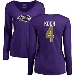 Women's Sam Koch Purple Name & Number Logo - #4 Football Baltimore Ravens Long Sleeve T-Shirt