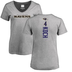 Women's Sam Koch Ash Backer V-Neck - #4 Football Baltimore Ravens T-Shirt