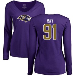 Women's Shane Ray Purple Name & Number Logo - #91 Football Baltimore Ravens Long Sleeve T-Shirt