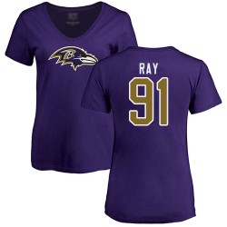 Women's Shane Ray Purple Name & Number Logo - #91 Football Baltimore Ravens T-Shirt