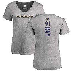 Women's Shane Ray Ash Backer V-Neck - #91 Football Baltimore Ravens T-Shirt