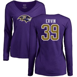 Women's Tyler Ervin Purple Name & Number Logo - #39 Football Baltimore Ravens Long Sleeve T-Shirt