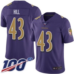 Limited Youth Justice Hill Purple Jersey - #43 Football Baltimore Ravens 100th Season Rush Vapor Untouchable