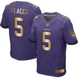 Elite Men's Joe Flacco Purple/Gold Home Jersey - #5 Football Baltimore Ravens