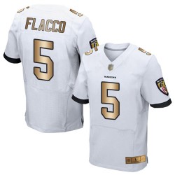 Elite Men's Joe Flacco White/Gold Road Jersey - #5 Football Baltimore Ravens